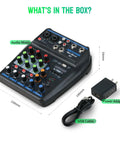 4 Channel DJ Mixer With Bluetooth Streaming, Built In MP3 Player, USB Audio Interface, XLR And One Quarter Inch Outputs, 48V Phantom Power set