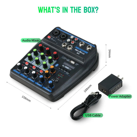4 Channel DJ Mixer With Bluetooth Streaming, Built In MP3 Player, USB Audio Interface, XLR And One Quarter Inch Outputs, 48V Phantom Power set