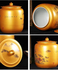 Straight Up Solid Ceramic Rice Jar With Wide Mouth Lid, Kickin Big Kitchen Grain Dispenser And Flour Storage Tank For Coffee Beans, 60 Pound Countertop Keeper That Seriously Delivers - Decorative gold ceramic jar with lid.