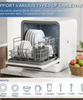 Smooth Operation Countertop Mini Dishwasher Featuring No Sweat Setup And Sweet Dual Spray Rotation Driven By High Heat Sanitizing Cycles Plus Rapid Air Dry Tech Built For Rented Homes And Compact Rooms That Are Straight Up Essentials, with dishes and utensils inside.