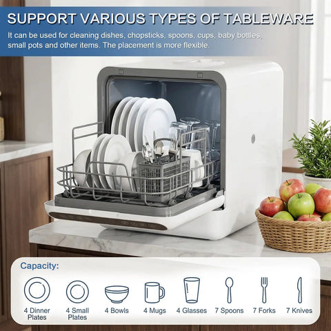 Automatic Countertop Dishwasher With Dual 360 Spray And Plug Play Setup showing clean dishes and utensils in the rack.