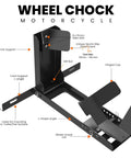 Heavy Duty Universal Motorcycle Wheel Chock For Trailer Or Garage Use No Fuss Capable Of Handling 2000 Lbs Adjustable Foldable Detachable Stand That Locks In Easy One Person Load And Unload Durable Black Construction, showing black metal frame with labeled parts for stability and tire fit.