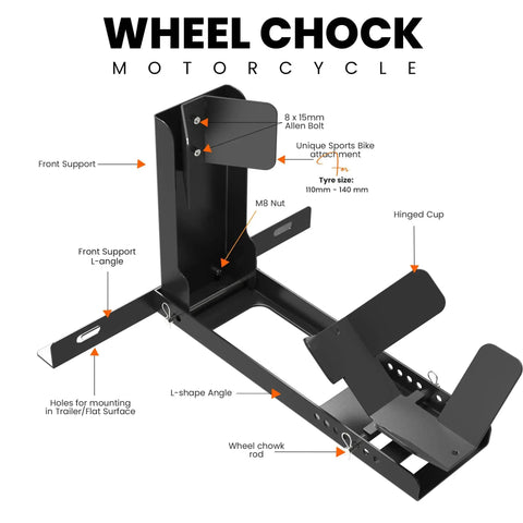 Heavy Duty Universal Motorcycle Wheel Chock For Trailer Or Garage Use No Fuss Capable Of Handling 2000 Lbs Adjustable Foldable Detachable Stand That Locks In Easy One Person Load And Unload Durable Black Construction, showing black metal frame with labeled parts for stability and tire fit.