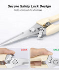 Pruning Shears Set Of Two For Gardening For Flowers Bonsai And Fruit Picking One Straight Blade And One Curved Blade With Ergonomic Comfort Grips Pro Grade Quality For Precise Pruning Of Plants And Trees shown with safety lock design