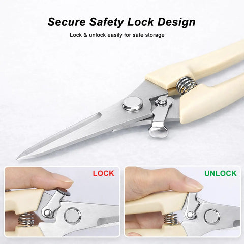 Pruning Shears Set Of Two For Gardening For Flowers Bonsai And Fruit Picking One Straight Blade And One Curved Blade With Ergonomic Comfort Grips Pro Grade Quality For Precise Pruning Of Plants And Trees shown with safety lock design