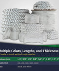 Multiple sizes and lengths of twisted nylon ropes in white and black for heavy duty use, including 1.5 inch by 50 feet.