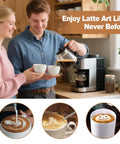 All-In-One 58mm Espresso Accessories Kit With Spring-Loaded Calibrated Tamper, WDT Tool, pouring coffee, latte art examples