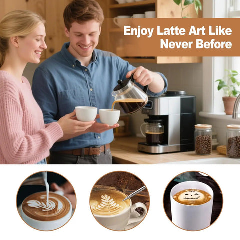 All-In-One 58mm Espresso Accessories Kit With Spring-Loaded Calibrated Tamper, WDT Tool, pouring coffee, latte art examples