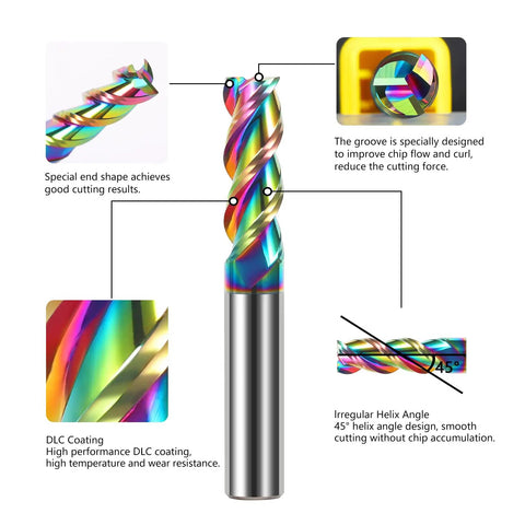 Close-up of 5 Piece Solid Carbide Flat End Mills Set, 1/4 Inch Shank, 1/4 Inch Cutting Diameter, 3-Flute Diamond-Like Coated End Milling Cutters