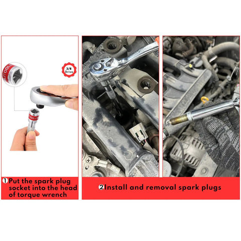 Magnetic Swivel Spark Plug Socket Set With Gap Tool, 3/8 Inch Drive, 9/16, 5/8, 14mm, 16mm, 6 And 12 Point Sockets For DIYers shown in use