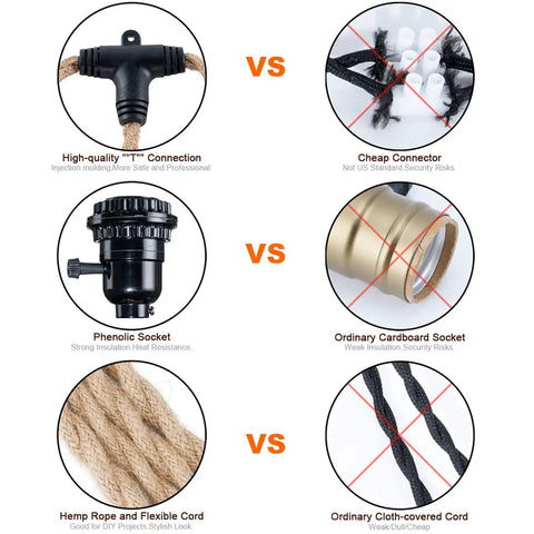 Comparison of Triple Pendant Light Cord Kit With Independent Switch Hemp Rope Vintage Hanging Fixture for E26 Bulbs' features