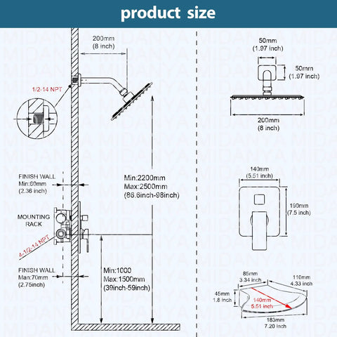 Diagram of Brushed Nickel Tub And Shower Faucet Set With 8 Inch Rain Shower Head Waterfall Tub Spout Wall Mounted Rough In Valve