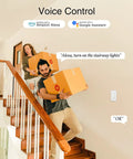 Three Way Smart Switch Four Pack With Voice And App Control, Requires Neutral Wire, Flame Retardant Material, 2.4GHz WiFi Compatible For Easy In Wall Setup on stairway wall with people carrying boxes