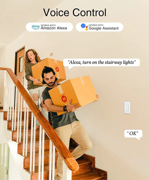 Three Way Smart Switch Four Pack With Voice And App Control, Requires Neutral Wire, Flame Retardant Material, 2.4GHz WiFi Compatible For Easy In Wall Setup on stairway wall with people carrying boxes