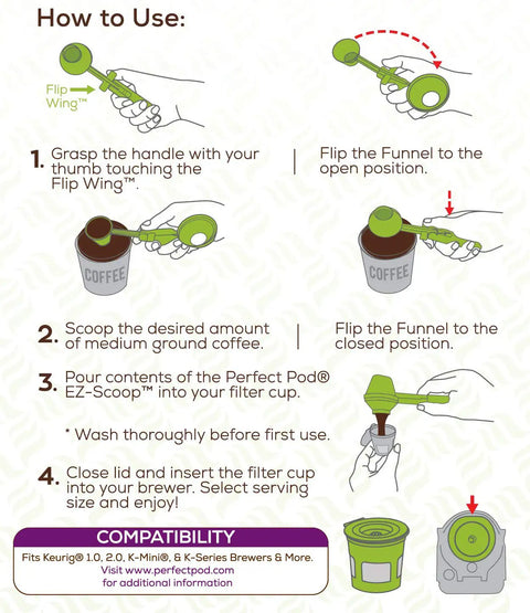 How to use the Cafe Fill Value Pack With Reusable K Cup Filters And Scoop for Keurig Brewers, step-by-step instructions.