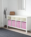 Foldable Fabric Storage Cubes Set For Closet And Toy Organization, 6 Pack Pink Cloth Bins displayed in a white cubby shelf in hallway.