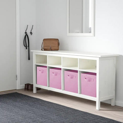 Foldable Fabric Storage Cubes Set For Closet And Toy Organization, 6 Pack Pink Cloth Bins displayed in a white cubby shelf in hallway.