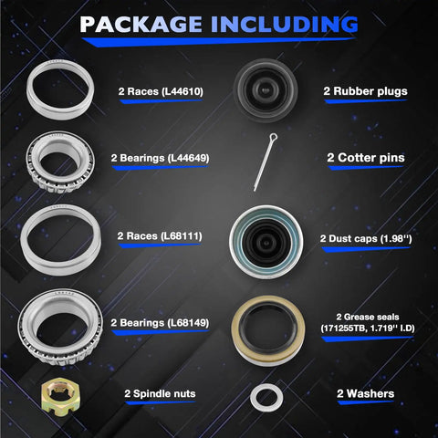 Package contents of Trailer Bearings Kit For 3500 Lb Axles One And One Sixteenth Inch To One And Three Eighths Inch Spindle Two Sets Included L68149 L44649