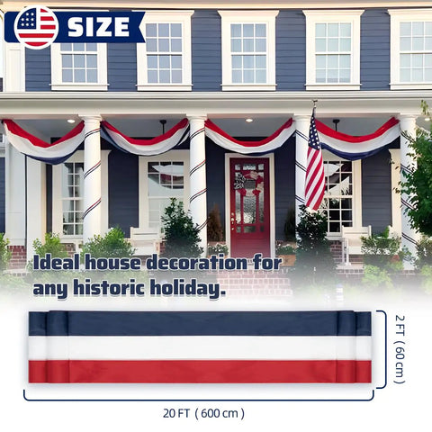 Patriotic Bunting US Flag Decorations 2 Pack 2x20 Ft Red White Blue Banner on suburban house porch for Memorial Day display.