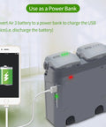 Two-Way Charging Hub For Air 3S And Air 3 Drones used as power bank charging smartphone with cable, dual batteries inserted
