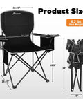 Two Pack Lightweight Folding Camping Chairs For Adults With 4 Can Cooler Bag Cup Holder And Carry Bag For Tailgating Beach Fishing Or Outdoor Hangouts Black, unfolded and folded view shown with dimensions.