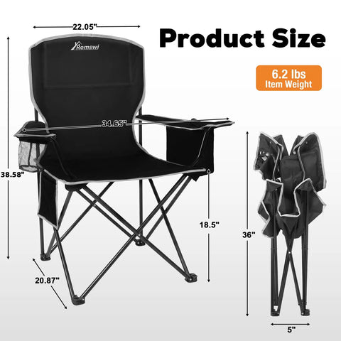 Two Pack Lightweight Folding Camping Chairs For Adults With 4 Can Cooler Bag Cup Holder And Carry Bag For Tailgating Beach Fishing Or Outdoor Hangouts Black, unfolded and folded view shown with dimensions.