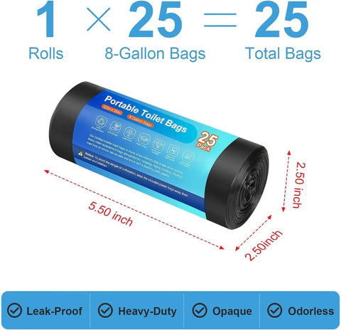 25 Pack Camping Toilet Bags Made Biodegradable Thickened Waste Bags For Portable Toilets, Luggable Loo Compatible, rolled view