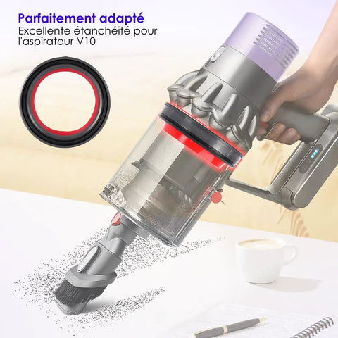 Dust Bin Top Sealing Ring Replacement For Cyclone V10 SV12 Vacuum Cleaner Fits Absolute Motorhead Allergy Animal And More Models Premium Quality Durable Seal Part Fast Install No Leaks in use, showing sealed dust bin.