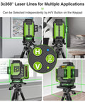 3D Self Leveling Laser Level With 3x360 Green Beam For Tiling Floors And More Osram Green Output Pro Grade Dual Li Ion Batteries Type C Charge Port Magnetic Bracket Hard Carry Case LS03DG in various room settings.