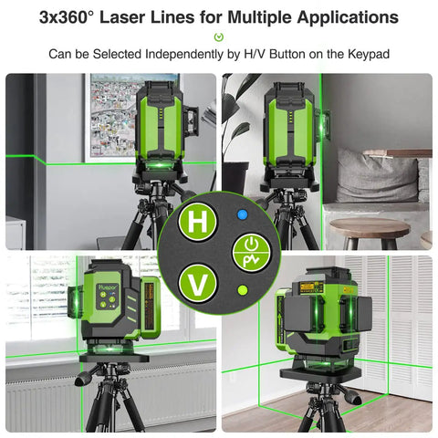 3D Self Leveling Laser Level With 3x360 Green Beam For Tiling Floors And More Osram Green Output Pro Grade Dual Li Ion Batteries Type C Charge Port Magnetic Bracket Hard Carry Case LS03DG in various room settings.