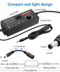 Universal Power Supply Adapter 120W With Adjustable DC Output 3.5V-24V, USB-C PD 100W Fast Charge, dimensions and connectors