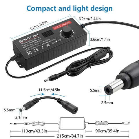 Universal Power Supply Adapter 120W With Adjustable DC Output 3.5V-24V, USB-C PD 100W Fast Charge, dimensions and connectors