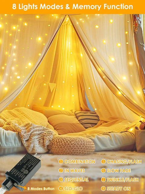 66Ft 200 LED Fairy Lights Plug In Warm White IP44 Waterproof Indoor Outdoor With Timer And 8 Modes Copper Wire Bedroom