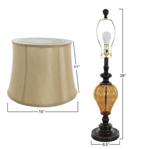 Set Of 2 LED Table Lamps With Amber Glass And Dark Bronze Metal Finish, lamp base and shade dimensions detailed view