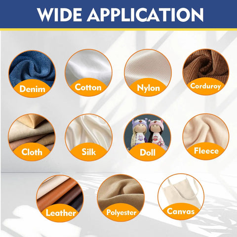 "Wide application chart showing compatible materials for Permanent Fabric Glue For Clothing, Washable And Clear Bond For Cotton, Denim, Leather And Polyester, Super Strong Quick Repairs For DIY Crafts, Dolls And Accessories, Invisible Bond After Drying."