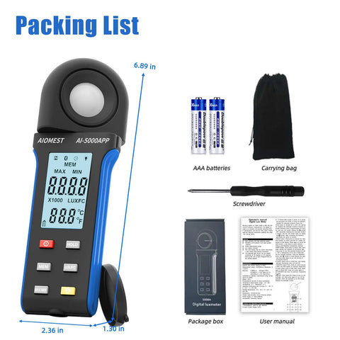 Bluetooth Light Meter With App For Indoor Plants Photography And Aquarium Lighting AIOMEST Digital Lumen Tester 0.1 To 400000 Lux FC Range 270 Degree Rotating Sensor Real Time Monitoring And Data Logging, with AAA batteries and bag