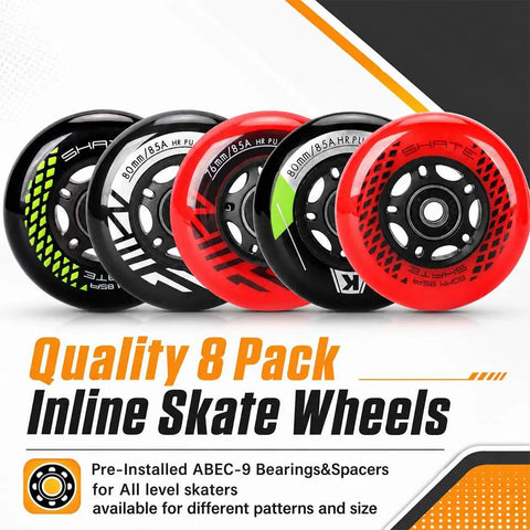 Eight Pack Inline Skate Wheels Set 72mm 76mm 80mm With ABEC9 Bearings And 85A PU Durometer displayed in assorted colors.