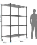 Beefy 4 Tier Wire Shelving Unit On Wheels 60 Inch Wide 24x60x72 Inches Holds Up To 2,400 Lbs Adjustable Metal Shelves For Garage Pantry And Kitchen Black Powder Coated Steel Heavy Duty Storage Rack, 60x24x76 in