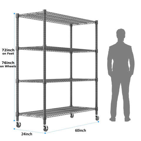 Beefy 4 Tier Wire Shelving Unit On Wheels 60 Inch Wide 24x60x72 Inches Holds Up To 2,400 Lbs Adjustable Metal Shelves For Garage Pantry And Kitchen Black Powder Coated Steel Heavy Duty Storage Rack, 60x24x76 in
