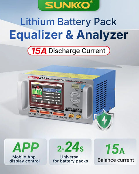 Battery Balancer 15A 24S Passive Equalizer With Pulse Discharge And Charge shown with digital display and blue casing