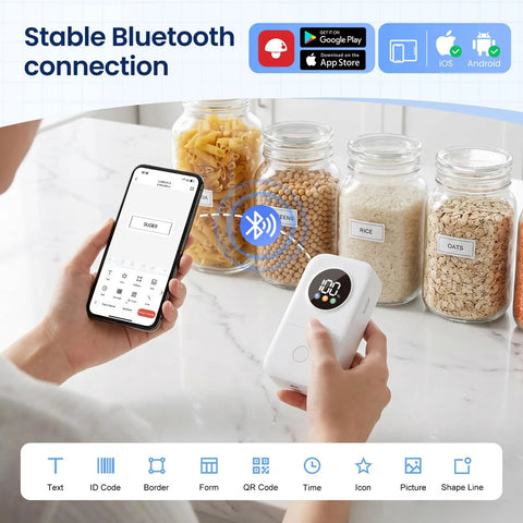 Slick Mini Bluetooth Label Maker With Five Colorful Tapes And Smart LED Display For Quick Organizing Grab And Go Portable Printer setup with smartphone.