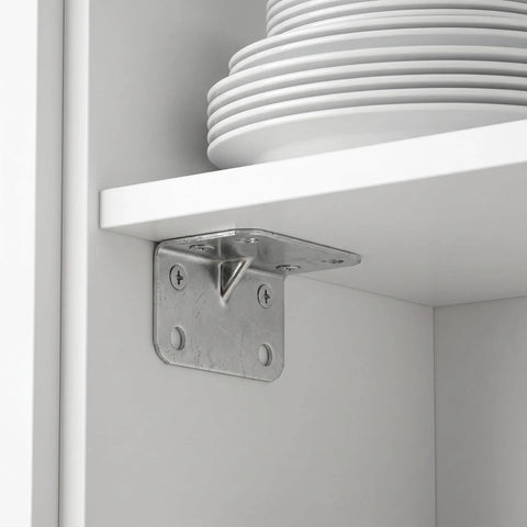 Heavy Duty L Shaped Corner Brackets Set, 100 pcs cold rolled steel right angle shelf brackets installed in white cabinet