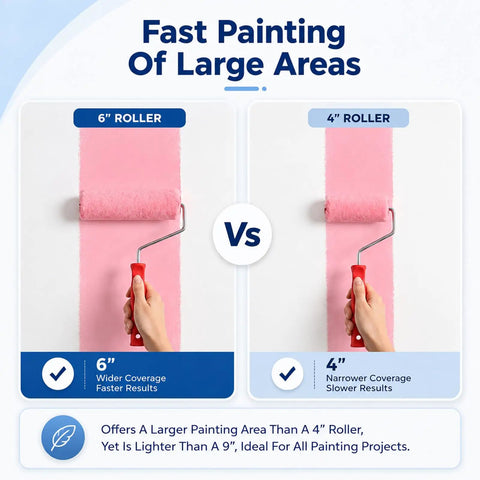 Comparison of 6" roller versus 4" roller for large area painting, highlighting larger coverage and efficiency.