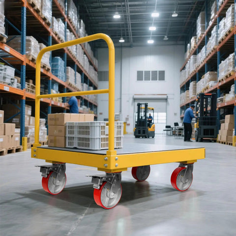 Heavy Duty Industrial Caster Wheels With 5000 Pound Capacity Polyurethane Treads And Cast Iron Cores Swivel Plate on a yellow cart in a warehouse setting.