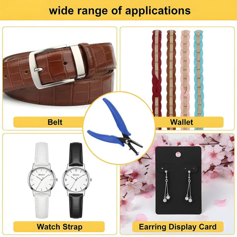 One Sixteenth Inch Round Hole Punch Pliers For Sheet Metal And Leather Crafting shown with belt, wallet, watch strap, earrings