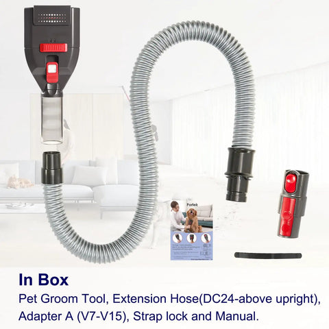 Dog Hair Vacuum Attachment For Vacuum Cleaners Pet Grooming Tool With Extension Hose And Adapter shown with accessories