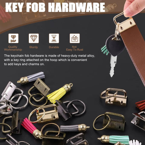 51 Piece Heavy Duty Key Fob Pliers And Hardware Kit With tassels and metal key fob on a black surface, showcasing metal alloy components.