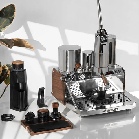 All In One Dope Espresso Tamping Station With Distributor And Tamper Holder Including Tamping Mat And Milk Pitcher Mat Fits 51mm 53mm 54mm 58mm Portafilters Wooden Gold Finish Coffee Accessories Easy Access Stand next to espresso machine on counter