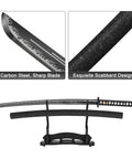 Hand Forged Steel Samurai Sword With Clay Tempered Blade Unsharpened Practice Katana on stand with detailed blade and scabbard