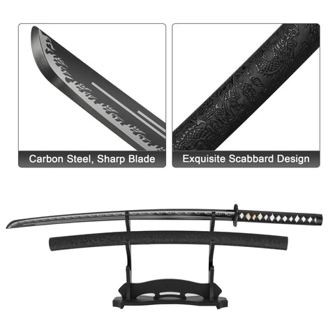 Hand Forged Steel Samurai Sword With Clay Tempered Blade Unsharpened Practice Katana on stand with detailed blade and scabbard